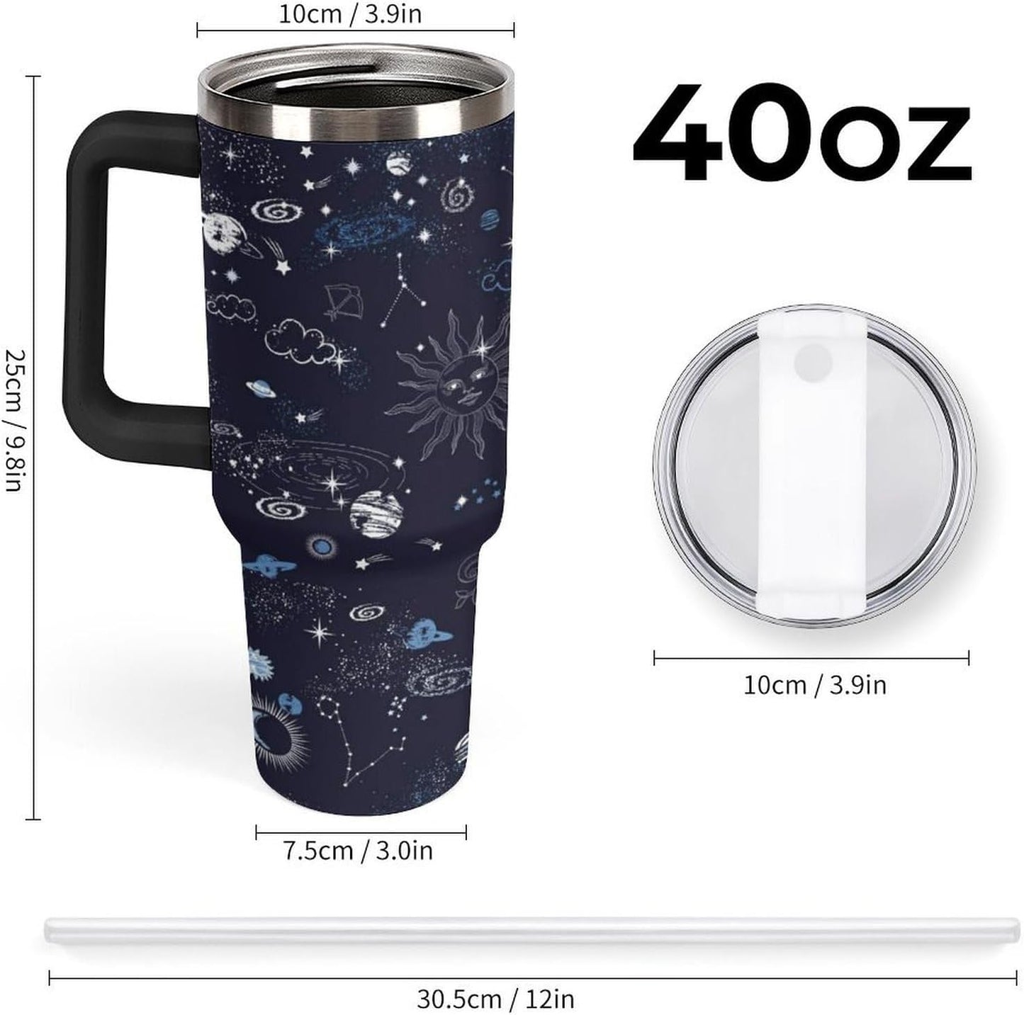 Space Constellation 304 Stainless Steel Double Wall Insulated Tumbler with Leakproof Slide Lid and Straw Large Capacity Travel Mug Black-Space Constellation
