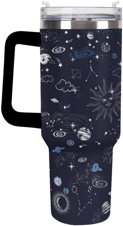 Space Constellation 304 Stainless Steel Double Wall Insulated Tumbler with Leakproof Slide Lid and Straw Large Capacity Travel Mug Black-Space Constellation