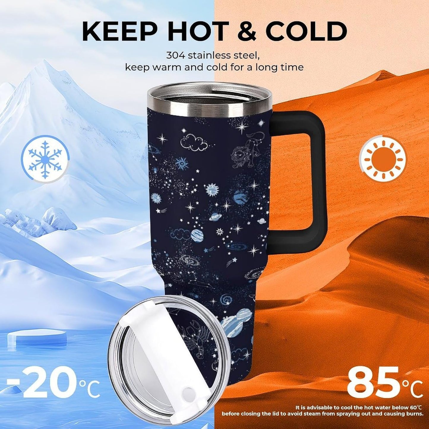 Space Constellation 304 Stainless Steel Double Wall Insulated Tumbler with Leakproof Slide Lid and Straw Large Capacity Travel Mug Black-Space Constellation