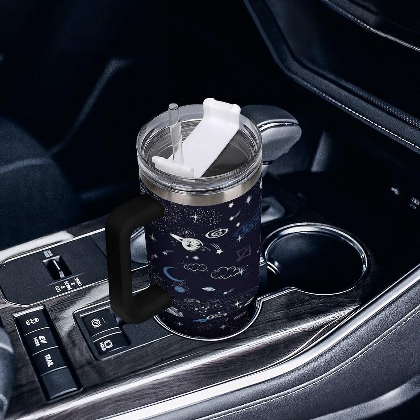 Space Constellation 304 Stainless Steel Double Wall Insulated Tumbler with Leakproof Slide Lid and Straw Large Capacity Travel Mug Black-Space Constellation