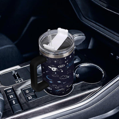 Space Constellation 304 Stainless Steel Double Wall Insulated Tumbler with Leakproof Slide Lid and Straw Large Capacity Travel Mug Black-Space Constellation