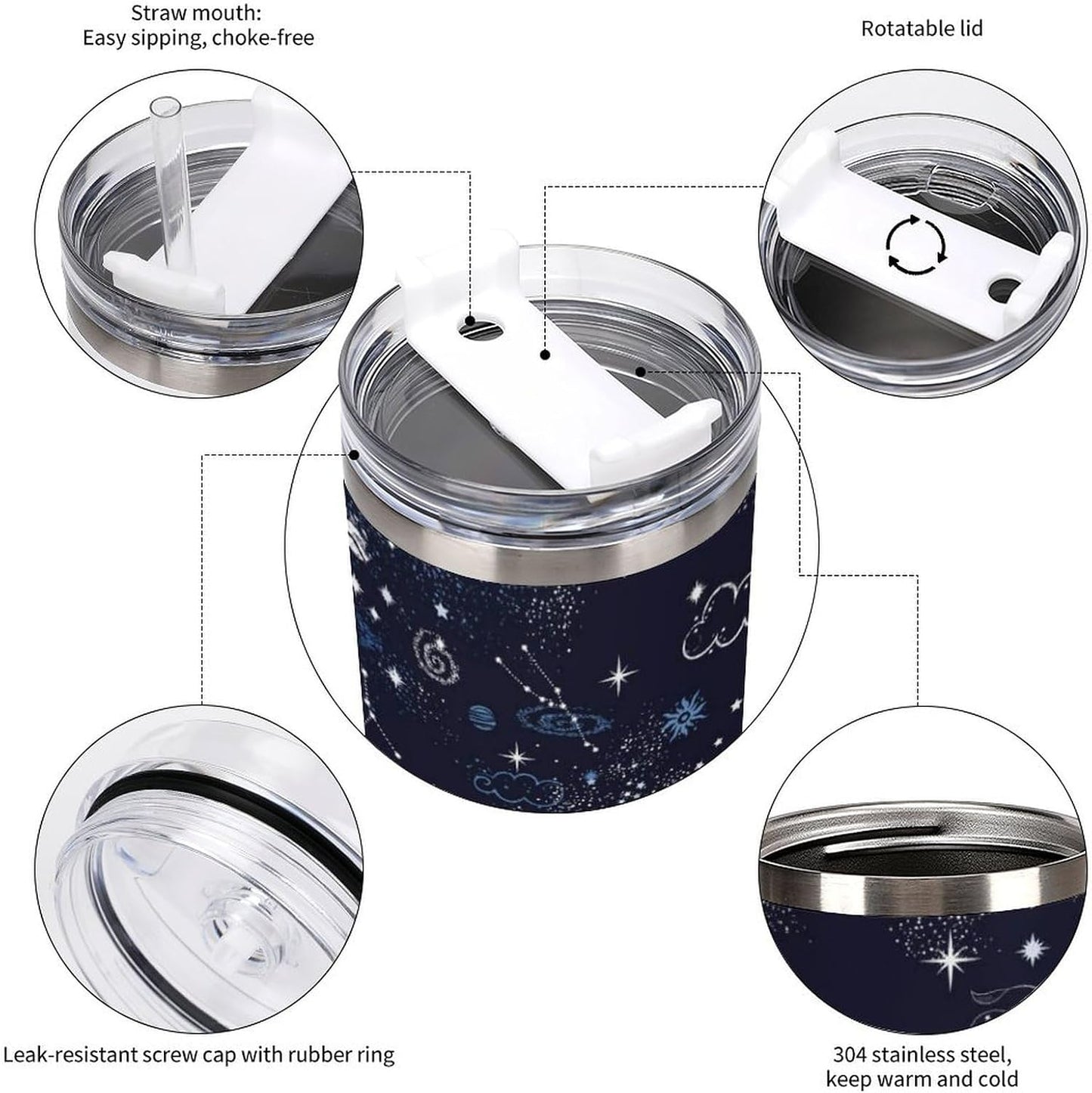 Space Constellation 304 Stainless Steel Double Wall Insulated Tumbler with Leakproof Slide Lid and Straw Large Capacity Travel Mug Black-Space Constellation