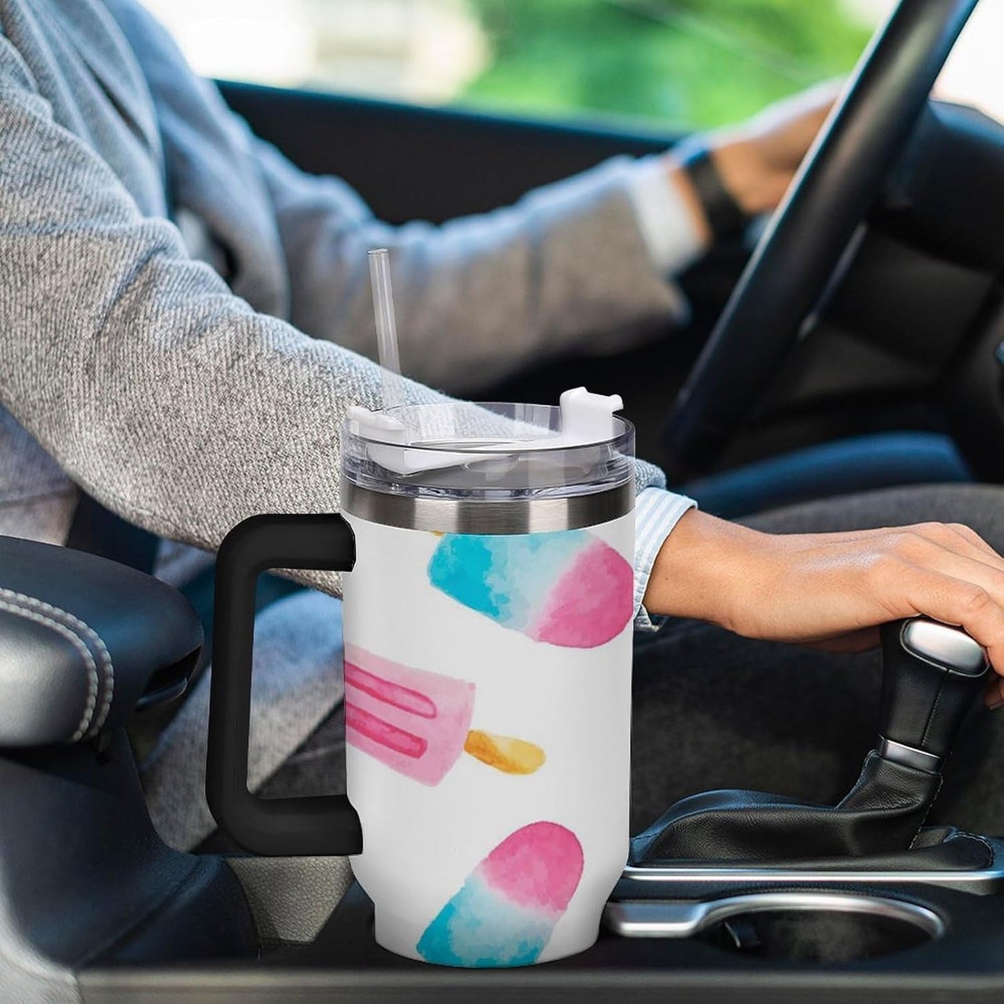 Space Constellation 304 Stainless Steel Double Wall Insulated Tumbler with Leakproof Slide Lid and Straw Large Capacity Travel Mug Black-Space Constellation