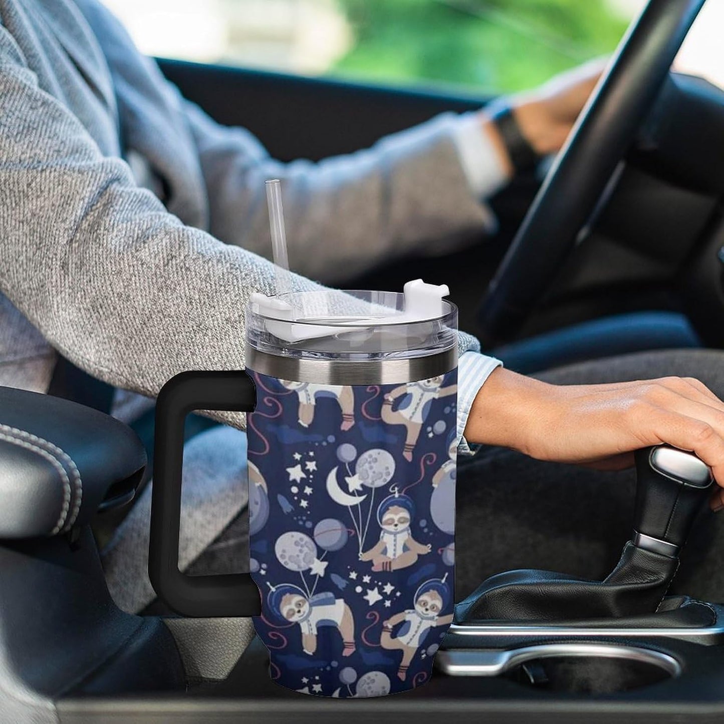 Space Constellation 304 Stainless Steel Double Wall Insulated Tumbler with Leakproof Slide Lid and Straw Large Capacity Travel Mug Black-Space Constellation