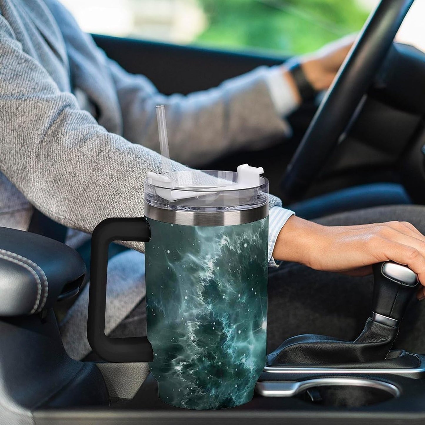 Space Constellation 304 Stainless Steel Double Wall Insulated Tumbler with Leakproof Slide Lid and Straw Large Capacity Travel Mug Black-Space Constellation