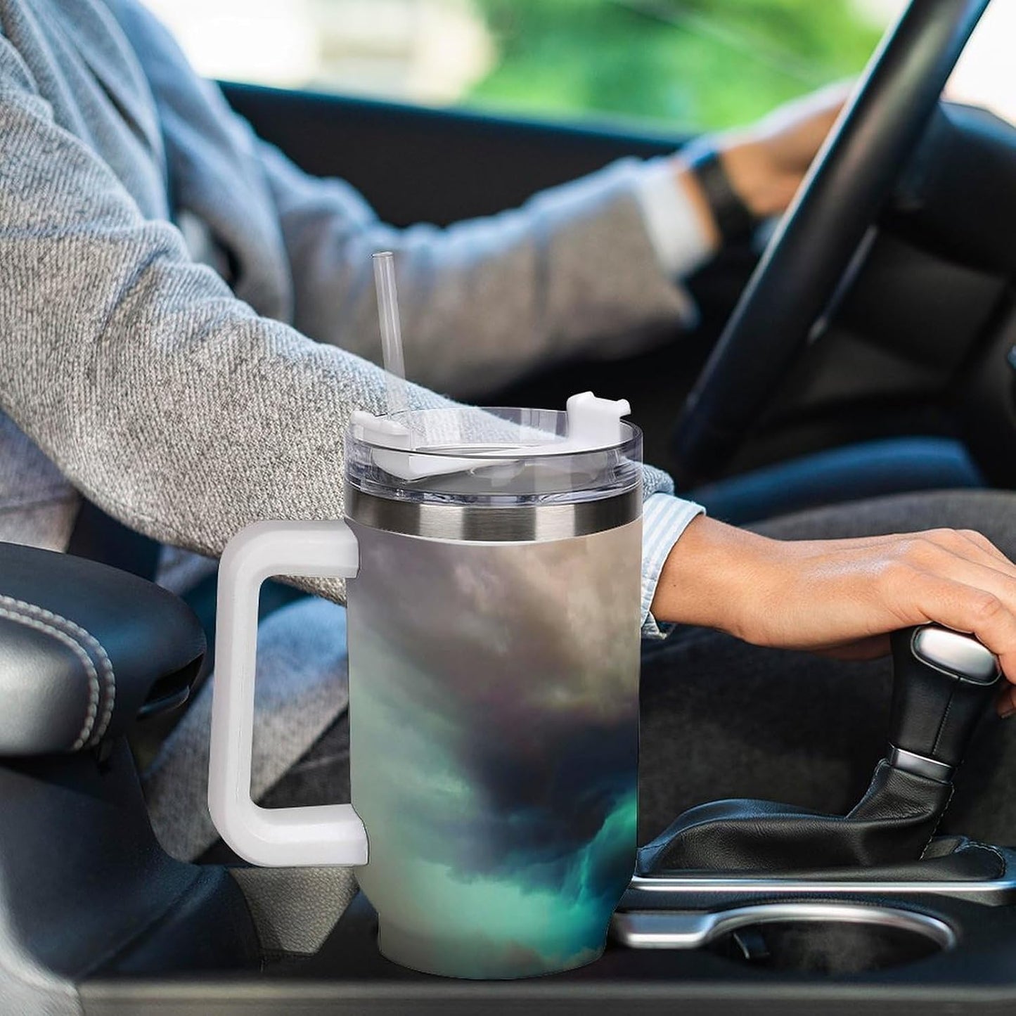Space Constellation 304 Stainless Steel Double Wall Insulated Tumbler with Leakproof Slide Lid and Straw Large Capacity Travel Mug Black-Space Constellation