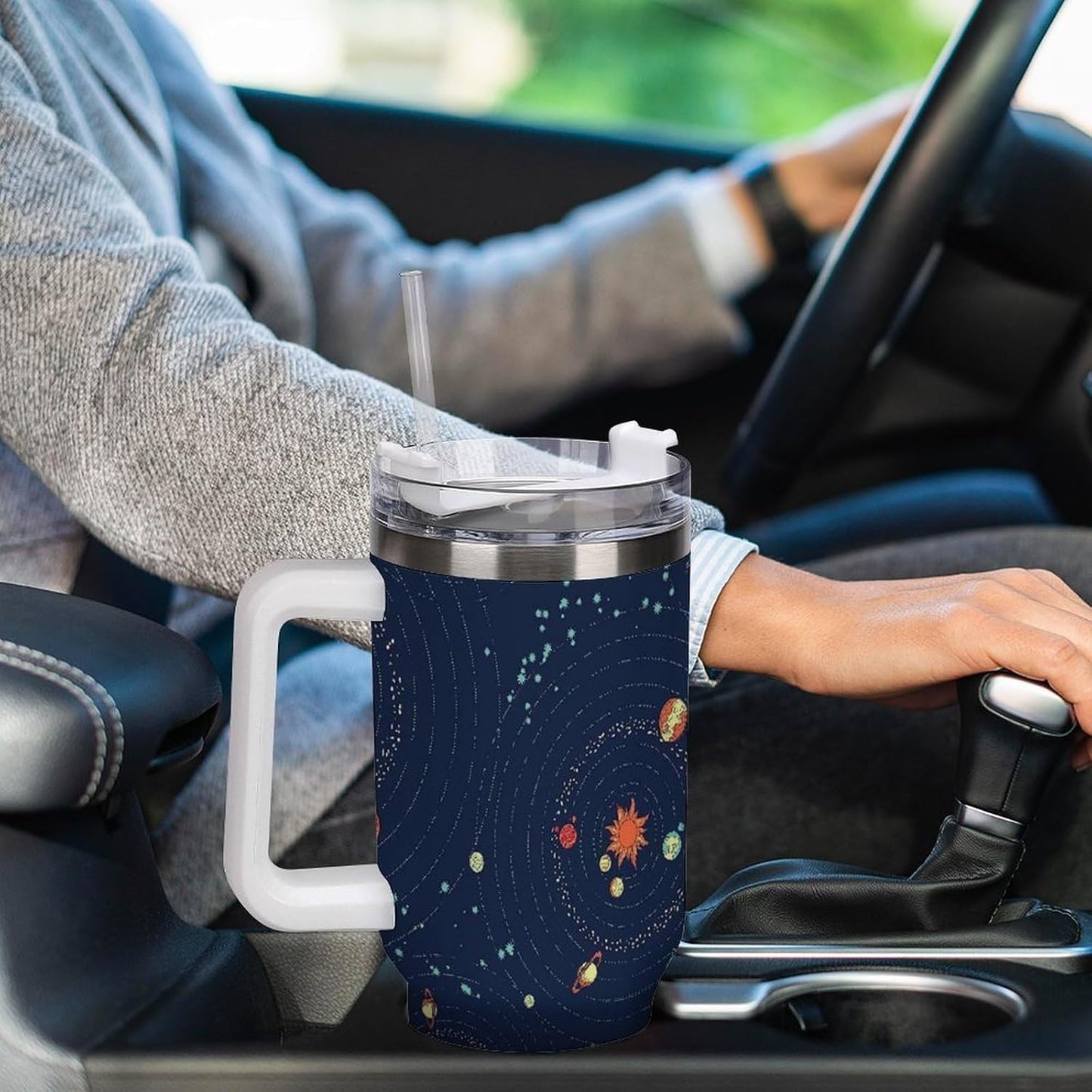 Space Constellation 304 Stainless Steel Double Wall Insulated Tumbler with Leakproof Slide Lid and Straw Large Capacity Travel Mug Black-Space Constellation