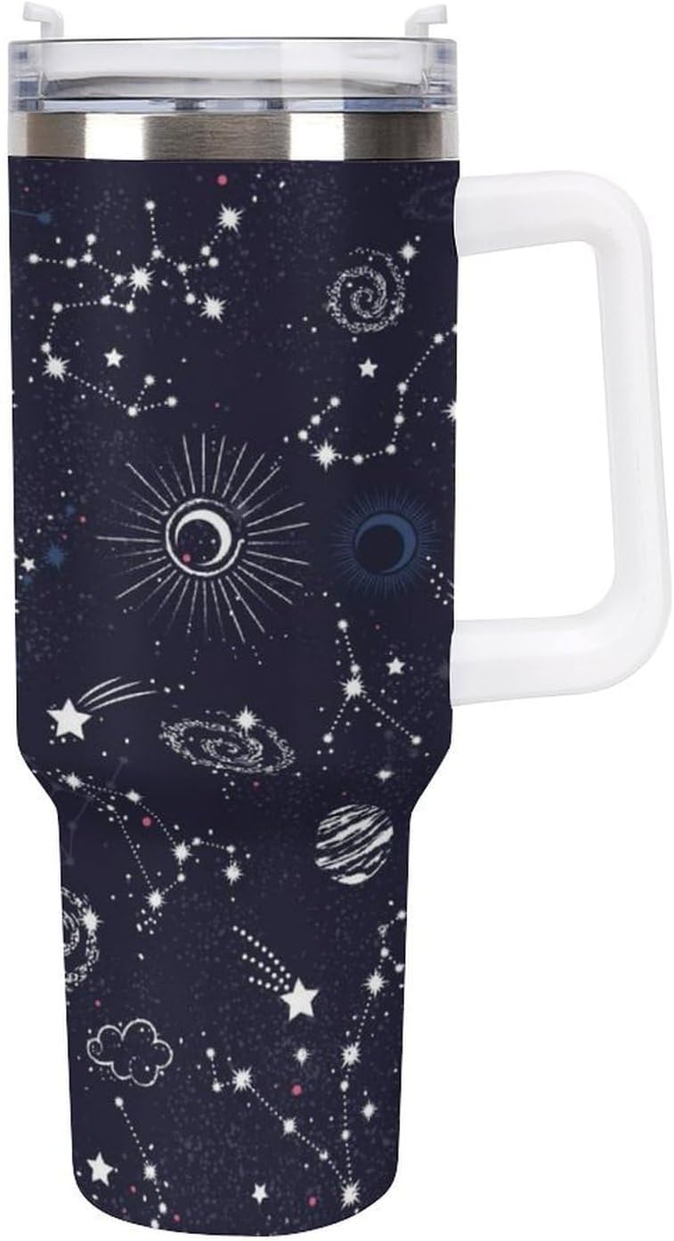 Space Constellation 304 Stainless Steel Double Wall Insulated Tumbler with Leakproof Slide Lid and Straw Large Capacity Travel Mug Black-Space Constellation