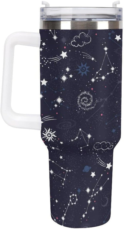 Space Constellation 304 Stainless Steel Double Wall Insulated Tumbler with Leakproof Slide Lid and Straw Large Capacity Travel Mug Black-Space Constellation