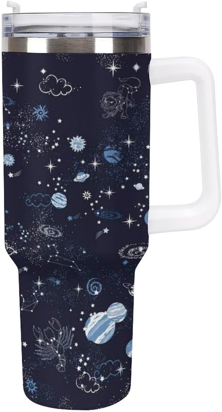Space Constellation 304 Stainless Steel Double Wall Insulated Tumbler with Leakproof Slide Lid and Straw Large Capacity Travel Mug Black-Space Constellation
