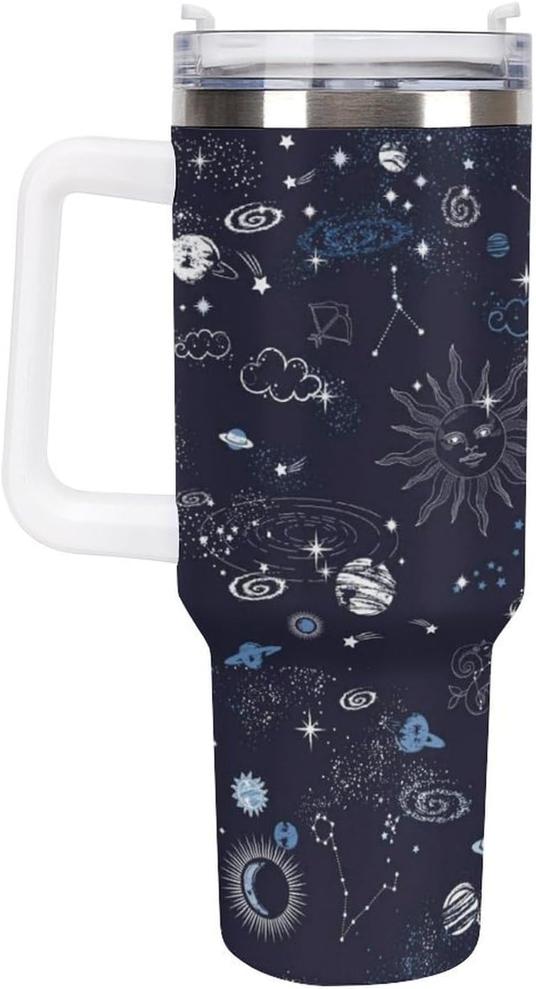 Space Constellation 304 Stainless Steel Double Wall Insulated Tumbler with Leakproof Slide Lid and Straw Large Capacity Travel Mug Black-Space Constellation