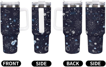 Space Constellation 304 Stainless Steel Double Wall Insulated Tumbler with Leakproof Slide Lid and Straw Large Capacity Travel Mug Black-Space Constellation