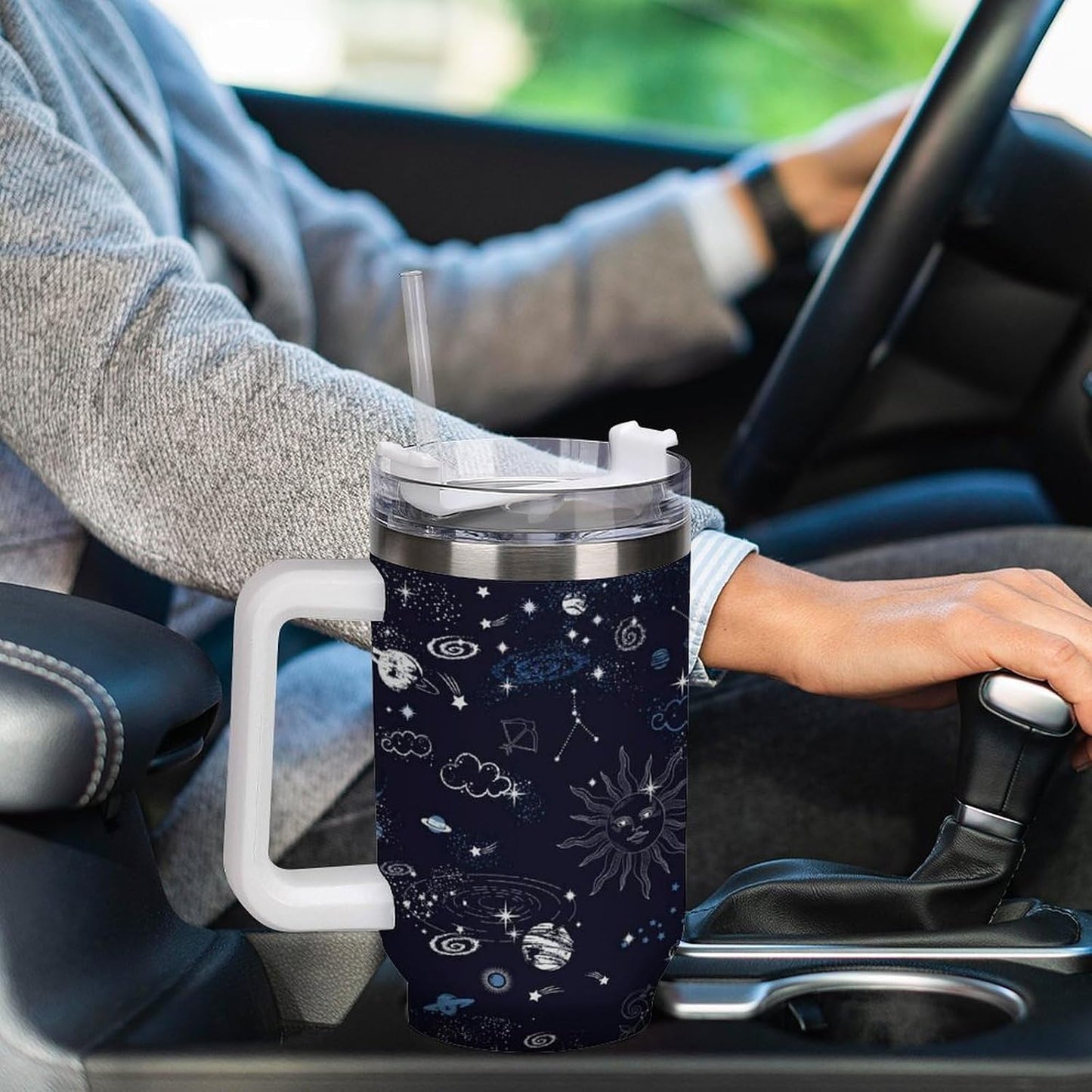 Space Constellation 304 Stainless Steel Double Wall Insulated Tumbler with Leakproof Slide Lid and Straw Large Capacity Travel Mug Black-Space Constellation
