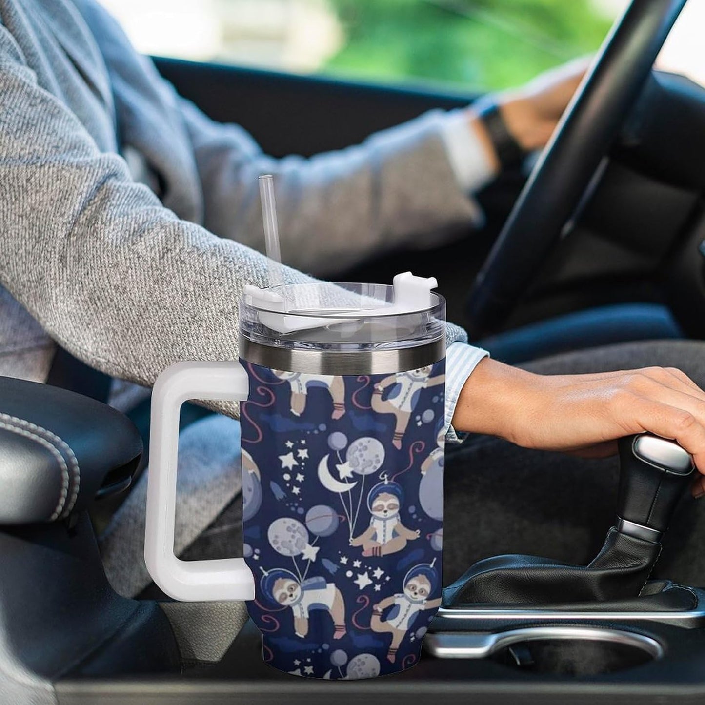 Space Constellation 304 Stainless Steel Double Wall Insulated Tumbler with Leakproof Slide Lid and Straw Large Capacity Travel Mug Black-Space Constellation