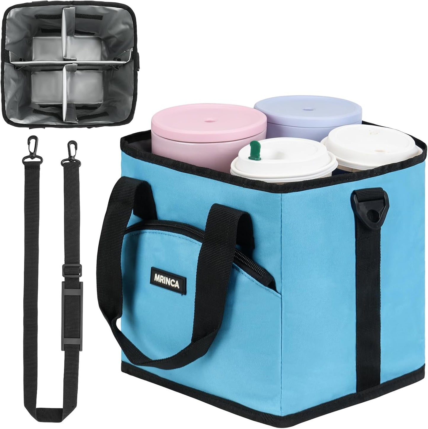 Reusable Insulated 4-Cup Drink Carrier with Handle, Blue | Collapsible beverage bag, no-spill base, adjustable dividers & shoulder strap, portable caddy for delivery, car and travel