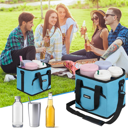 Reusable Insulated 4-Cup Drink Carrier with Handle, Blue | Collapsible beverage bag, no-spill base, adjustable dividers & shoulder strap, portable caddy for delivery, car and travel