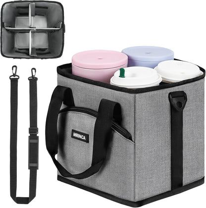 Reusable Insulated 4-Cup Drink Carrier with Handle, Blue | Collapsible beverage bag, no-spill base, adjustable dividers & shoulder strap, portable caddy for delivery, car and travel