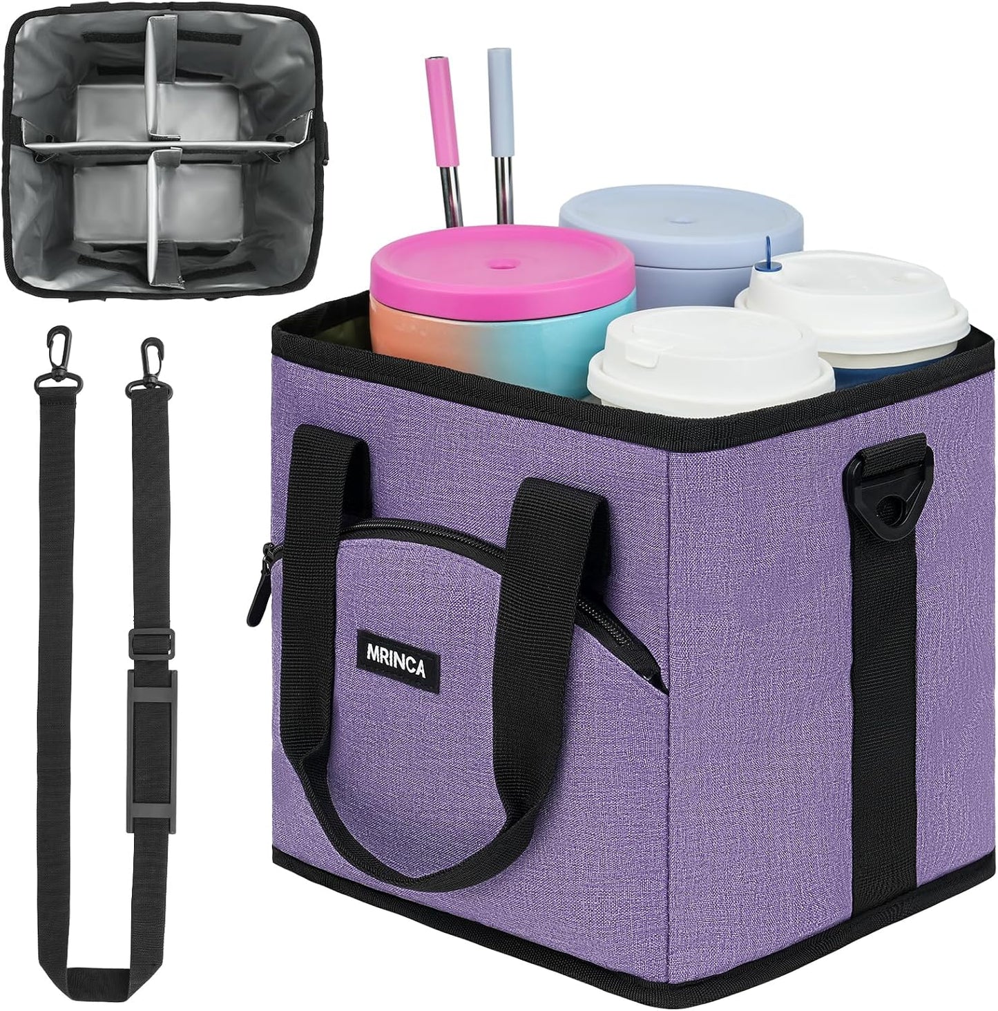 Reusable Insulated 4-Cup Drink Carrier with Handle, Blue | Collapsible beverage bag, no-spill base, adjustable dividers & shoulder strap, portable caddy for delivery, car and travel