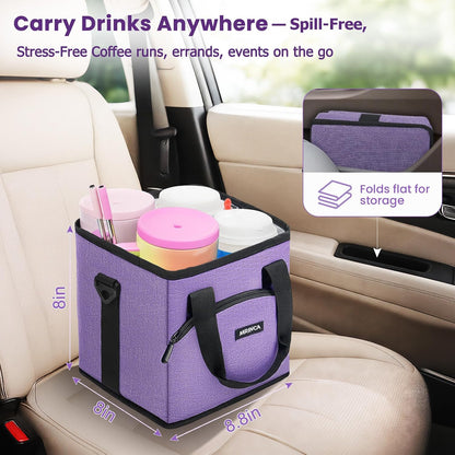 Reusable Insulated 4-Cup Drink Carrier with Handle, Blue | Collapsible beverage bag, no-spill base, adjustable dividers & shoulder strap, portable caddy for delivery, car and travel