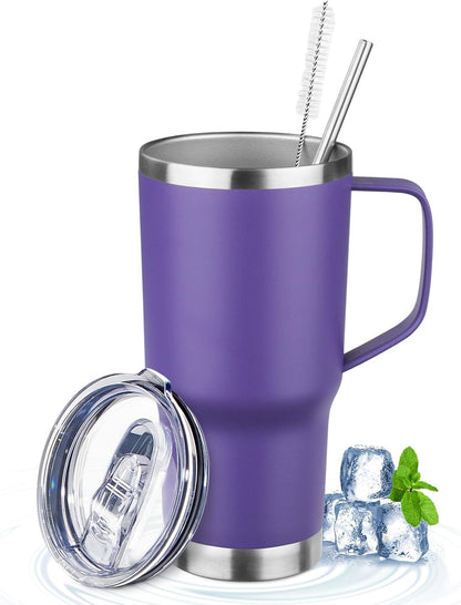 20oz Insulated Tumbler with Handle Stainless Steel Travel Coffee Mug with Lid and Straw Double Wall Vacuum Leak-proof Reusable Thermal Water Cup for Hot and Cold Drinks (Purple)