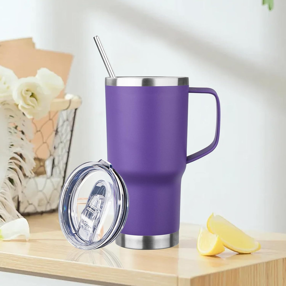 20oz Insulated Tumbler with Handle Stainless Steel Travel Coffee Mug with Lid and Straw Double Wall Vacuum Leak-proof Reusable Thermal Water Cup for Hot and Cold Drinks (Purple)