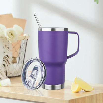 20oz Insulated Tumbler with Handle Stainless Steel Travel Coffee Mug with Lid and Straw Double Wall Vacuum Leak-proof Reusable Thermal Water Cup for Hot and Cold Drinks (Purple)
