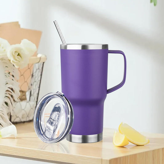 20oz Insulated Tumbler with Handle Stainless Steel Travel Coffee Mug with Lid and Straw Double Wall Vacuum Leak-proof Reusable Thermal Water Cup for Hot and Cold Drinks (Purple)