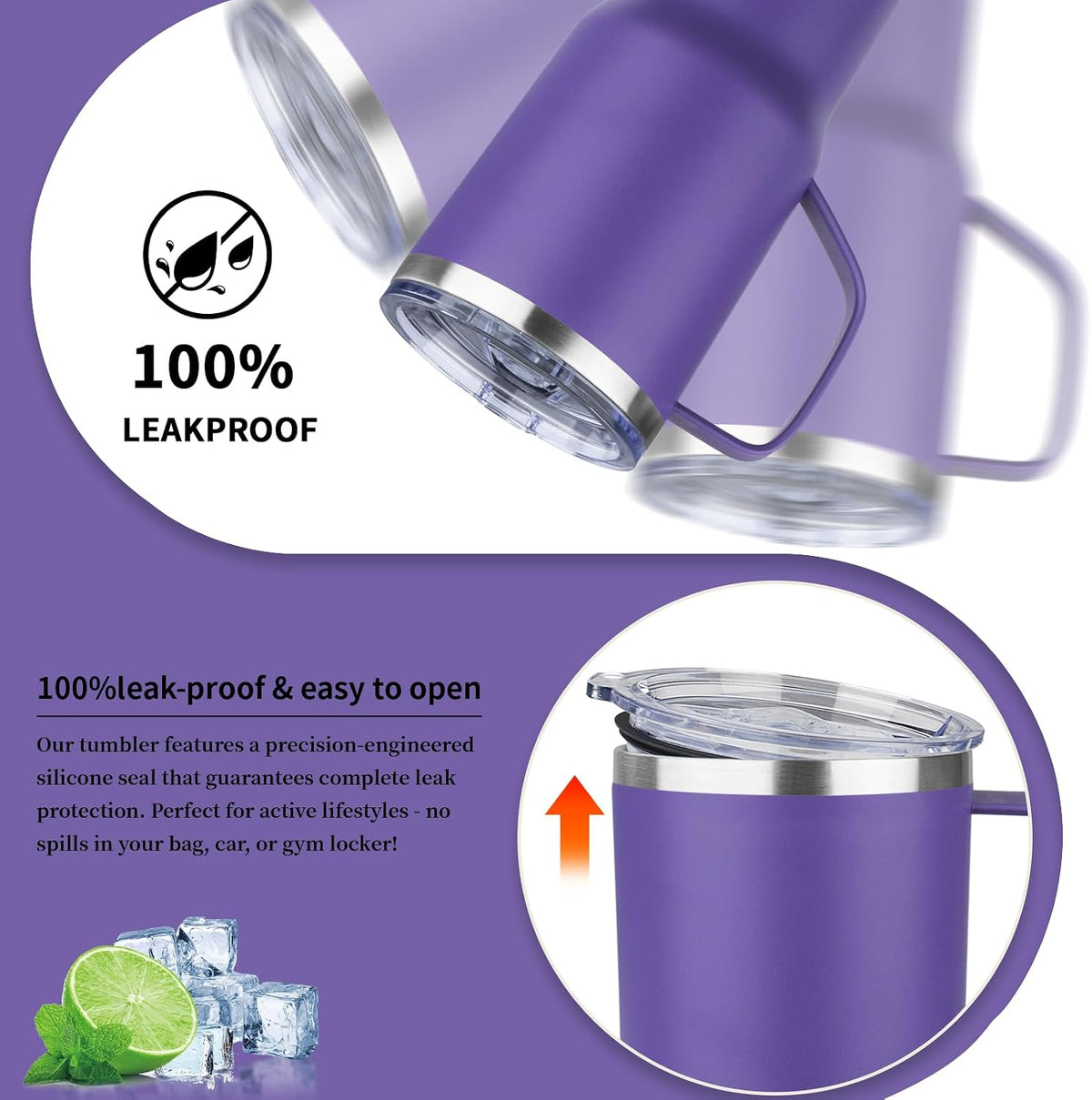 20oz Insulated Tumbler with Handle Stainless Steel Travel Coffee Mug with Lid and Straw Double Wall Vacuum Leak-proof Reusable Thermal Water Cup for Hot and Cold Drinks (Purple)