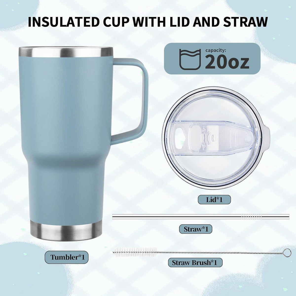 20oz Insulated Tumbler with Handle Stainless Steel Travel Coffee Mug with Lid and Straw Double Wall Vacuum Leak-proof Reusable Thermal Water Cup for Hot and Cold Drinks (Purple)
