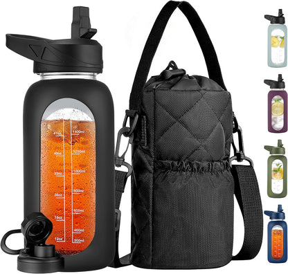 32 oz Glass Water Bottle with Straw and Insulated Bottle Holder