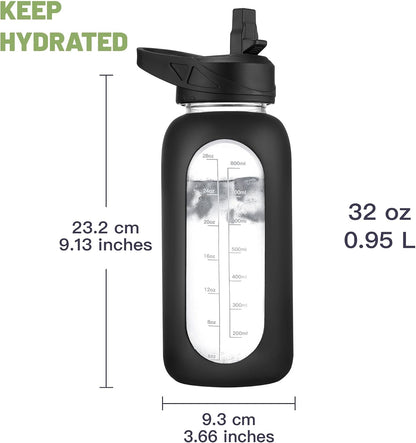 32 oz Glass Water Bottle with Straw and Insulated Bottle Holder