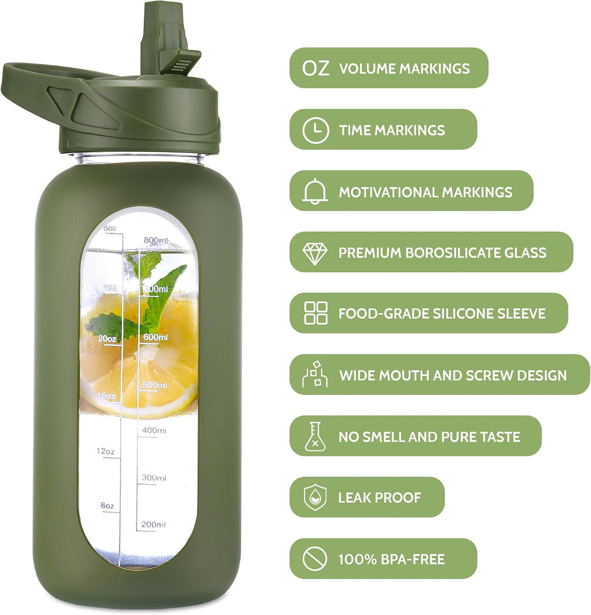 32 oz Glass Water Bottle with Straw and Insulated Bottle Holder