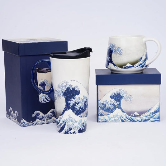 17oz Ceramic Coffee Travel Mug with Handle & Lid | Large Capacity Porcelain Tall Tea Wave Art Cup with in Color Box, 6.5" H