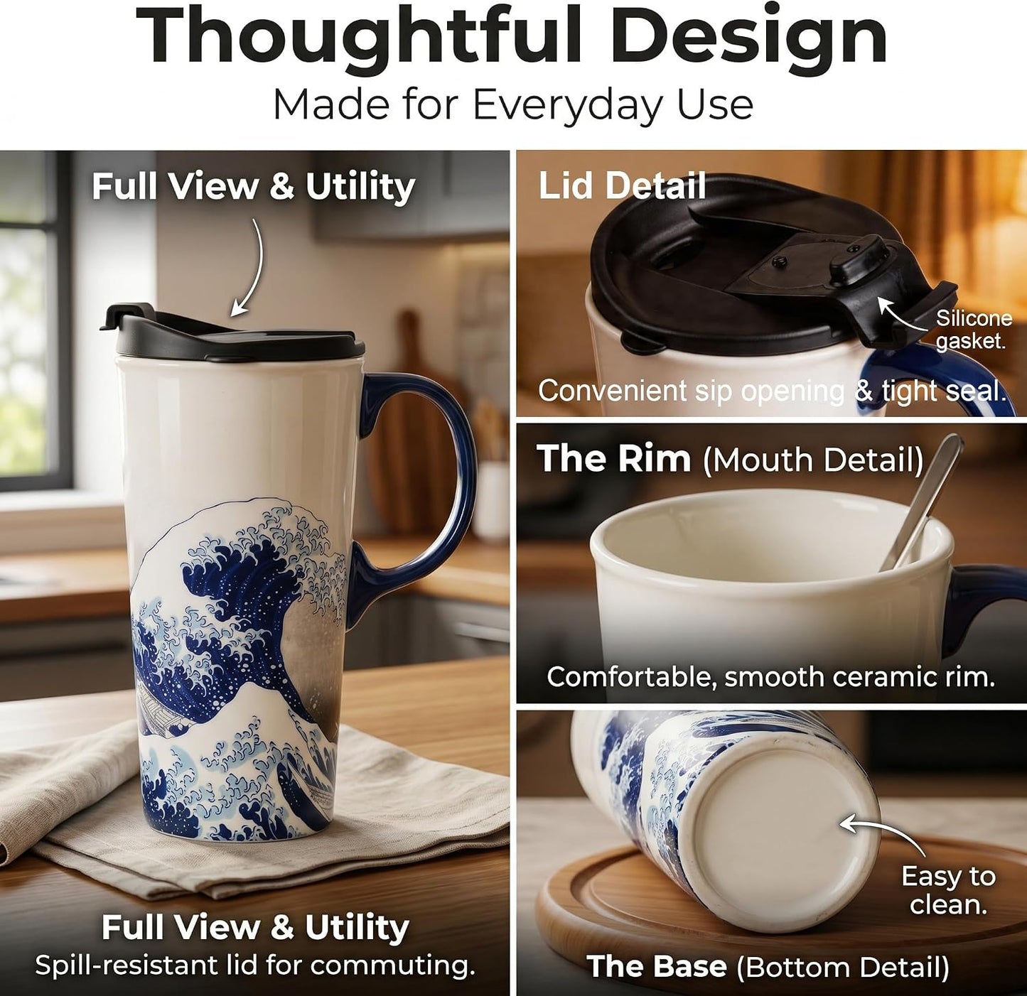 17oz Ceramic Coffee Travel Mug with Handle & Lid | Large Capacity Porcelain Tall Tea Wave Art Cup with in Color Box, 6.5" H