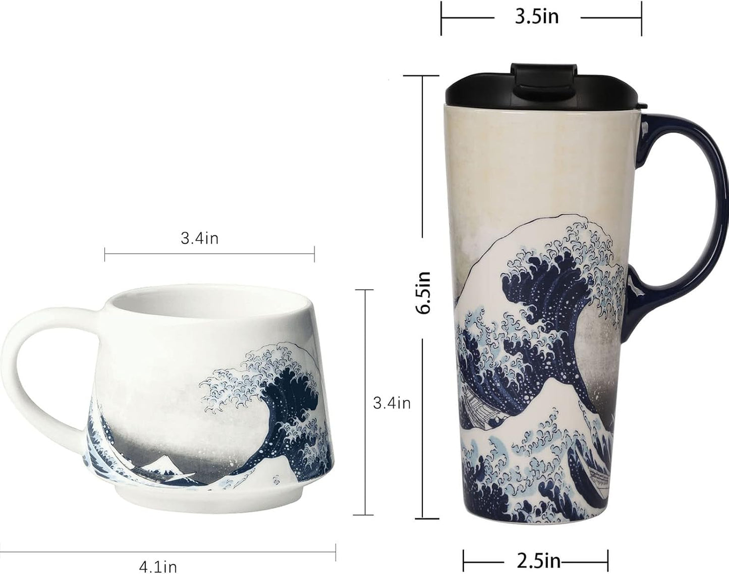 17oz Ceramic Coffee Travel Mug with Handle & Lid | Large Capacity Porcelain Tall Tea Wave Art Cup with in Color Box, 6.5" H
