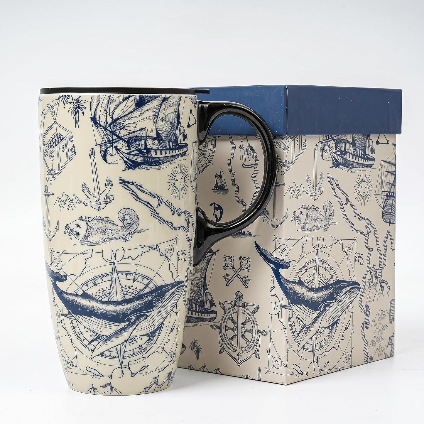 17oz Ceramic Coffee Travel Mug with Handle & Lid | Large Capacity Porcelain Tall Tea Wave Art Cup with in Color Box, 6.5" H