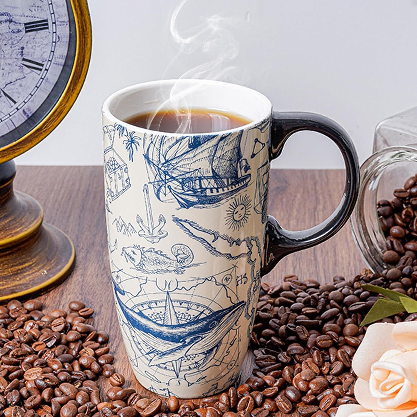 17oz Ceramic Coffee Travel Mug with Handle & Lid | Large Capacity Porcelain Tall Tea Wave Art Cup with in Color Box, 6.5" H