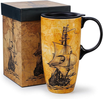 17oz Ceramic Coffee Travel Mug with Handle & Lid | Large Capacity Porcelain Tall Tea Wave Art Cup with in Color Box, 6.5" H