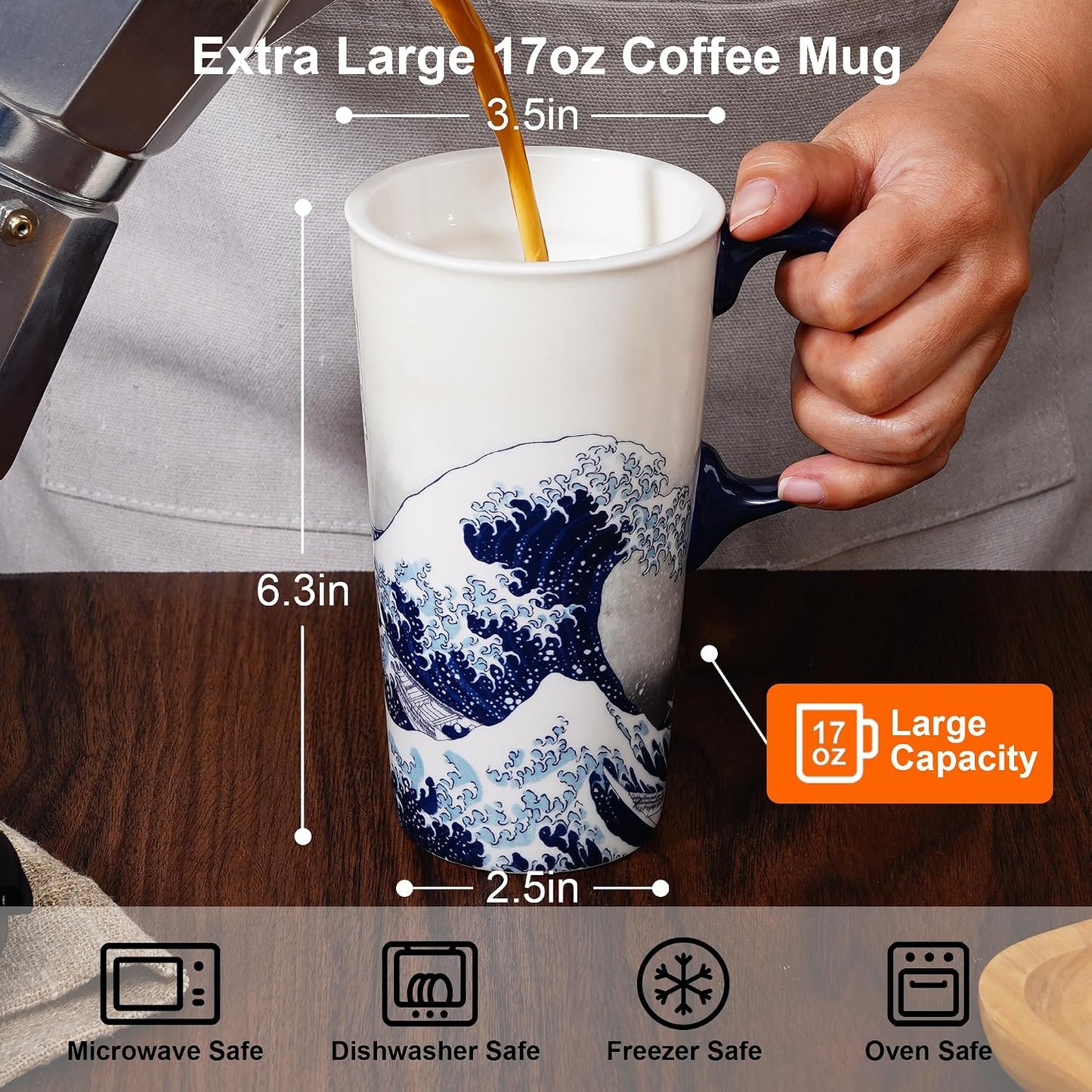 17oz Ceramic Coffee Travel Mug with Handle & Lid | Large Capacity Porcelain Tall Tea Wave Art Cup with in Color Box, 6.5" H