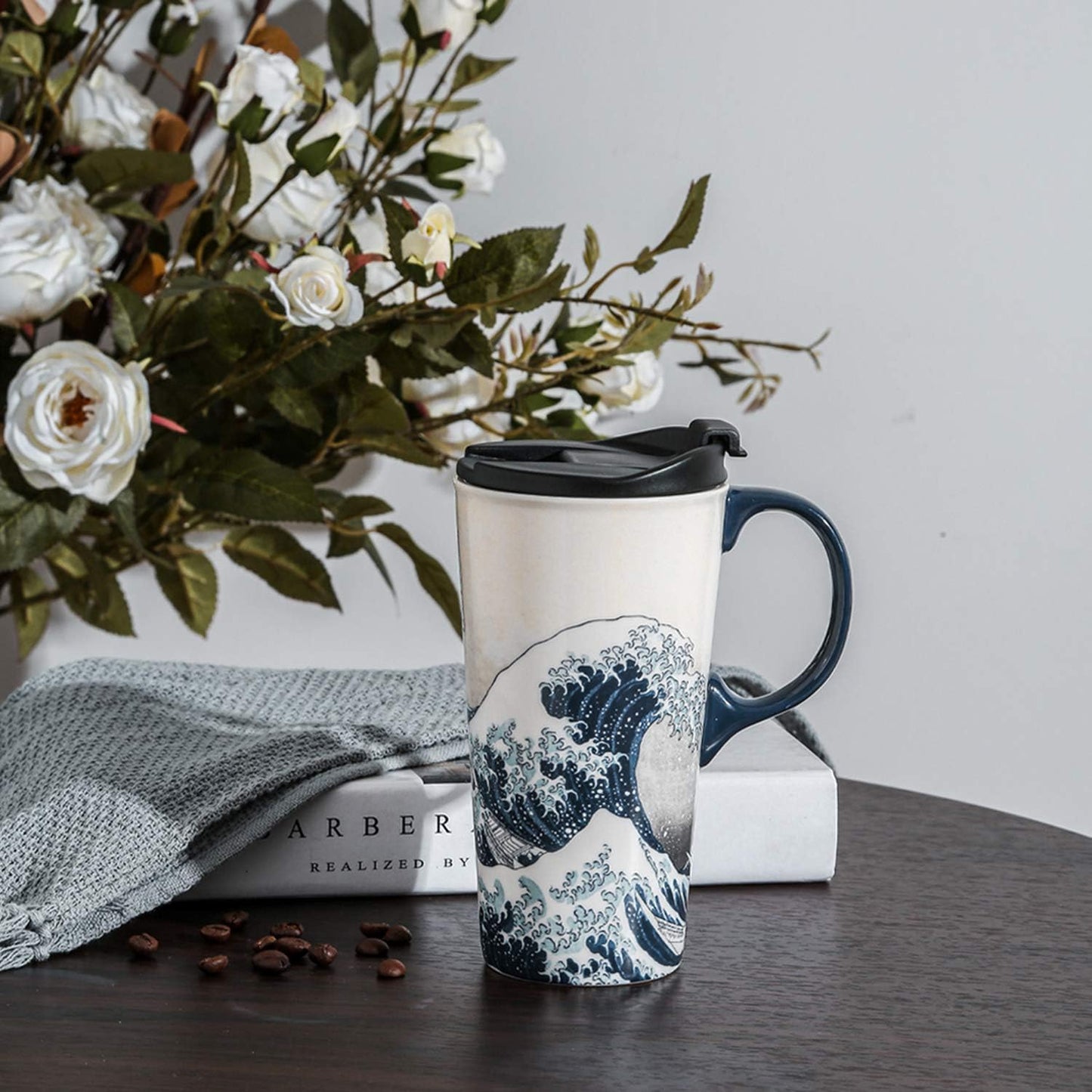 17oz Ceramic Coffee Travel Mug with Handle & Lid | Large Capacity Porcelain Tall Tea Wave Art Cup with in Color Box, 6.5" H
