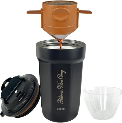 17oz Camping Coffee Makers with Ceramic Coating,Camp Pour Over Coffee Maker Set,Double Wall Vacuum Leak-Proof Mug for Office School Party Camping,Tea Infuser Mug for Loose Leaf Tea (17oz Lucky)