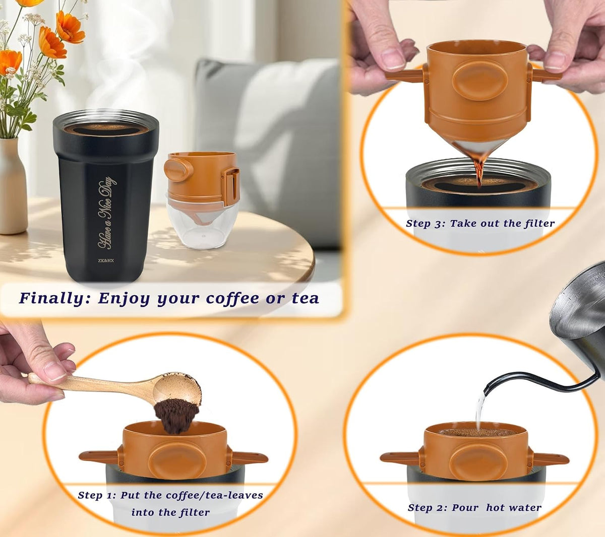 17oz Camping Coffee Makers with Ceramic Coating,Camp Pour Over Coffee Maker Set,Double Wall Vacuum Leak-Proof Mug for Office School Party Camping,Tea Infuser Mug for Loose Leaf Tea (17oz Lucky)