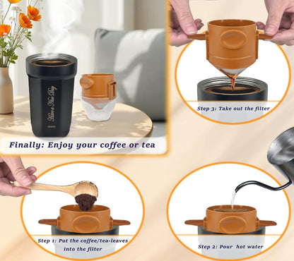 17oz Camping Coffee Makers with Ceramic Coating,Camp Pour Over Coffee Maker Set,Double Wall Vacuum Leak-Proof Mug for Office School Party Camping,Tea Infuser Mug for Loose Leaf Tea (17oz Lucky)