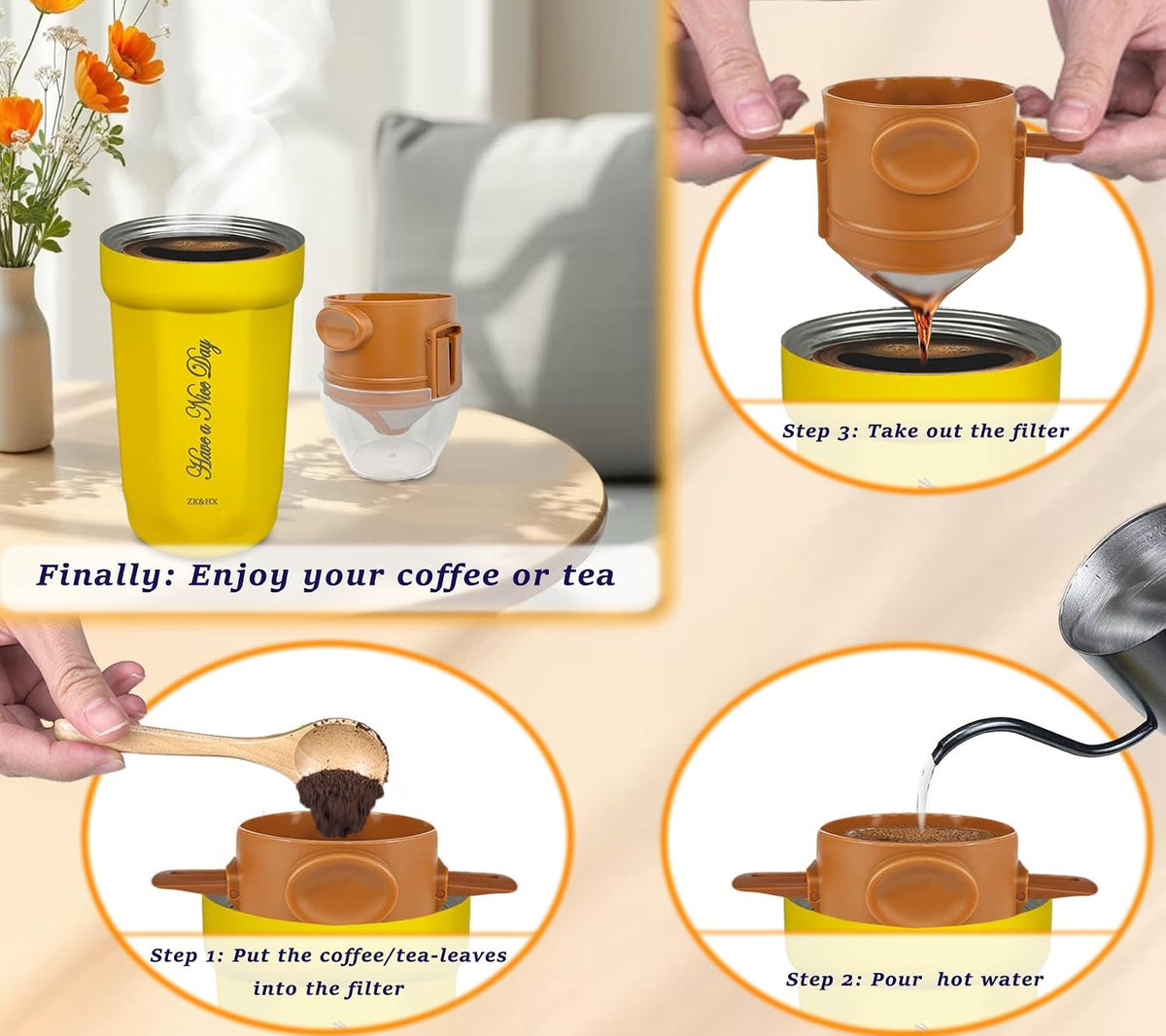 17oz Camping Coffee Makers with Ceramic Coating,Camp Pour Over Coffee Maker Set,Double Wall Vacuum Leak-Proof Mug for Office School Party Camping,Tea Infuser Mug for Loose Leaf Tea (17oz Lucky)