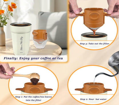 17oz Camping Coffee Makers with Ceramic Coating,Camp Pour Over Coffee Maker Set,Double Wall Vacuum Leak-Proof Mug for Office School Party Camping,Tea Infuser Mug for Loose Leaf Tea (17oz Lucky)