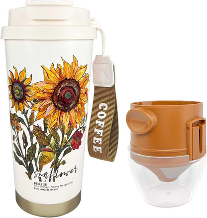 17oz Camping Coffee Makers with Ceramic Coating,Camp Pour Over Coffee Maker Set,Double Wall Vacuum Leak-Proof Mug for Office School Party Camping,Tea Infuser Mug for Loose Leaf Tea (17oz Lucky)