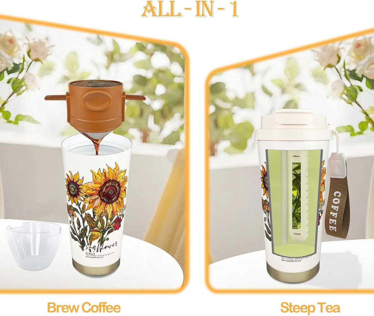 17oz Camping Coffee Makers with Ceramic Coating,Camp Pour Over Coffee Maker Set,Double Wall Vacuum Leak-Proof Mug for Office School Party Camping,Tea Infuser Mug for Loose Leaf Tea (17oz Lucky)