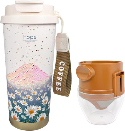 17oz Camping Coffee Makers with Ceramic Coating,Camp Pour Over Coffee Maker Set,Double Wall Vacuum Leak-Proof Mug for Office School Party Camping,Tea Infuser Mug for Loose Leaf Tea (17oz Lucky)