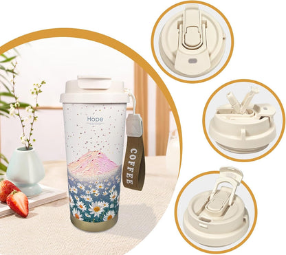 17oz Camping Coffee Makers with Ceramic Coating,Camp Pour Over Coffee Maker Set,Double Wall Vacuum Leak-Proof Mug for Office School Party Camping,Tea Infuser Mug for Loose Leaf Tea (17oz Lucky)