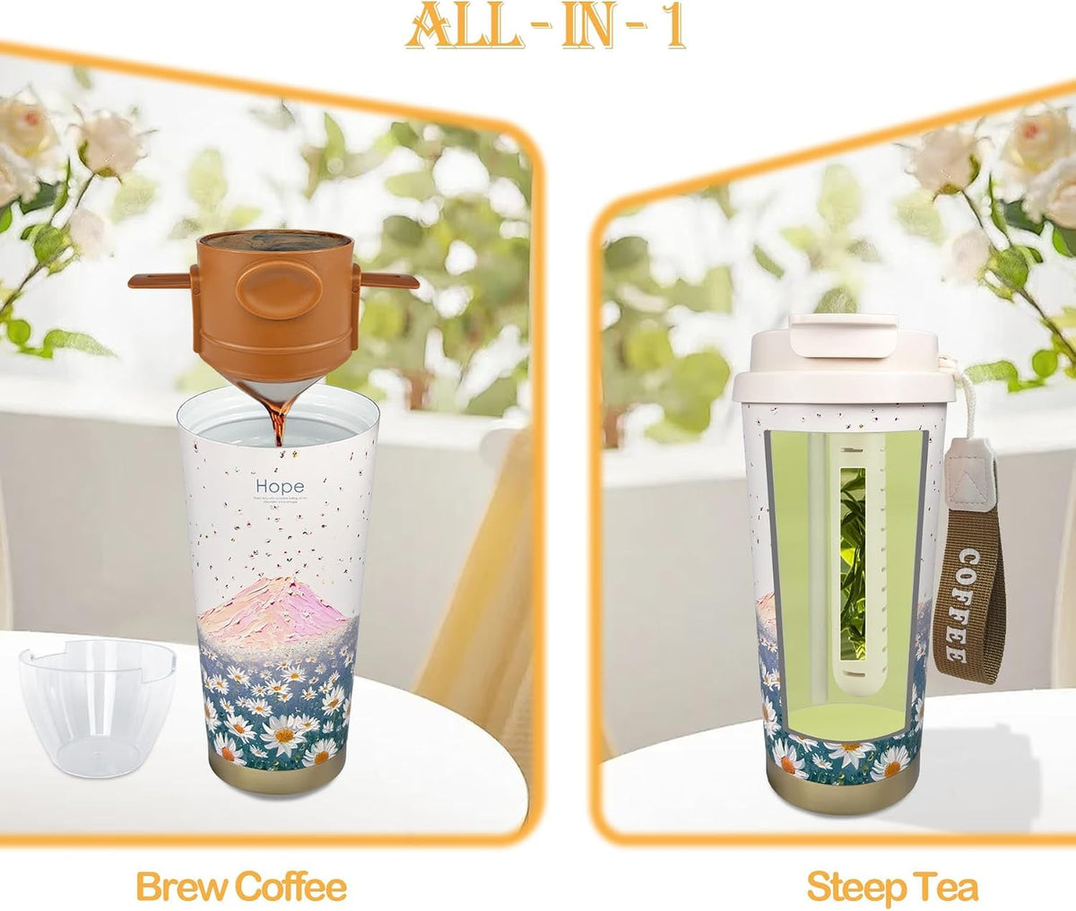 17oz Camping Coffee Makers with Ceramic Coating,Camp Pour Over Coffee Maker Set,Double Wall Vacuum Leak-Proof Mug for Office School Party Camping,Tea Infuser Mug for Loose Leaf Tea (17oz Lucky)